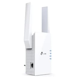 TP-Link RE605X Blanc, répéteur Wi‑Fi avec deux antennes, voyants LED latéraux et port Gigabit Ethernet, design compact à brancher au mur.