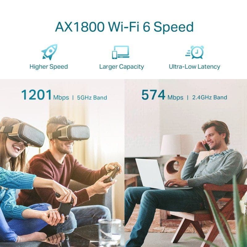 Répéteur TP-Link RE605X blanc, Wi‑Fi 6 AX1800. Ports Gigabit, double bande 5 GHz/2,4 GHz. Promet haut débit, grande capacité et faible latence.