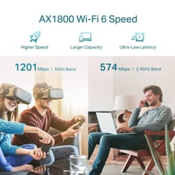 Répéteur TP-Link RE605X blanc, Wi‑Fi 6 AX1800. Ports Gigabit, double bande 5 GHz/2,4 GHz. Promet haut débit, grande capacité et faible latence.