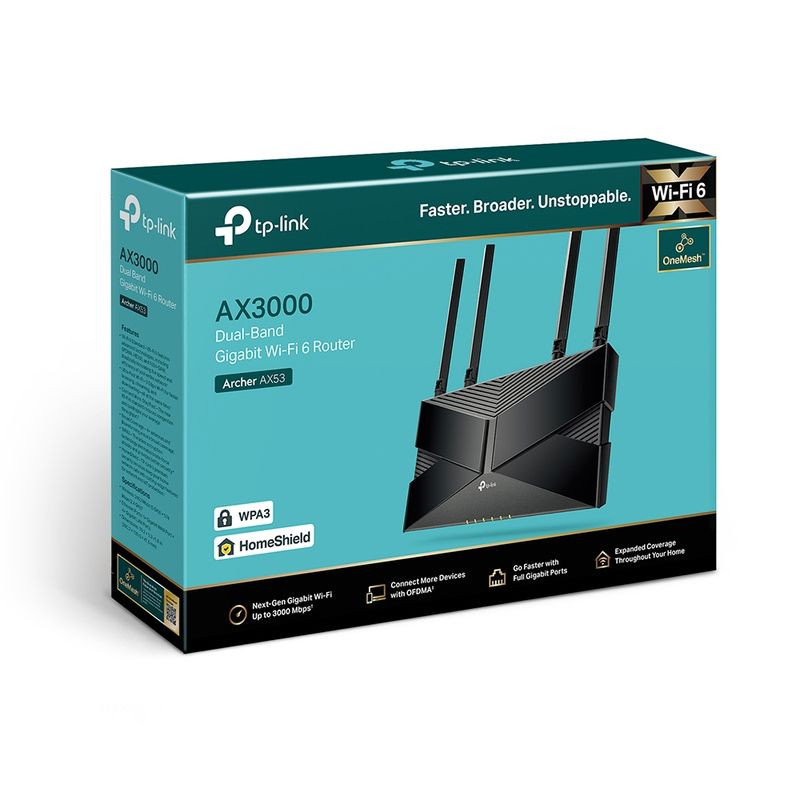 Router TP-Link Archer AX53 negro con 4 antenas externas, acabado brillante, luces LED frontales y diseño angular; Wi‑Fi 6 y puertos Gigabit Ethernet. - Ítem4
