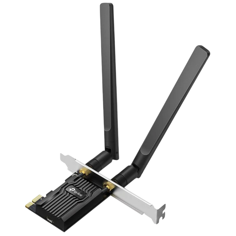 TP-Link Archer TX20E AX1800 : carte PCIe noire avec deux grandes antennes externes, dissipateur nervuré et équerre métal, Wi‑Fi 6 et Bluetooth 5.2 - Ítem