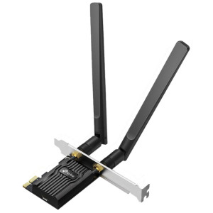 TP-Link Archer TX20E AX1800 : carte PCIe noire avec deux grandes antennes externes, dissipateur nervuré et équerre métal, Wi‑Fi 6 et Bluetooth 5.2
