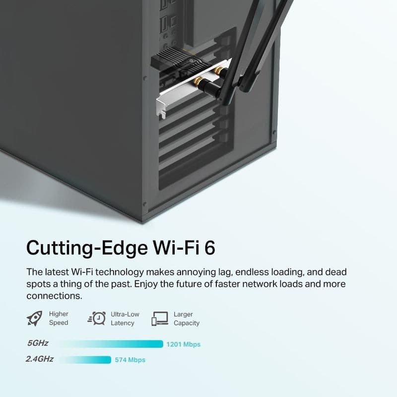 TP-Link Archer TX20E PCIe AX1800 avec deux antennes externes orientables; carte interne Wi‑Fi 6 et Bluetooth 5.2, vitesses 1201/574 Mbps, faible latence.