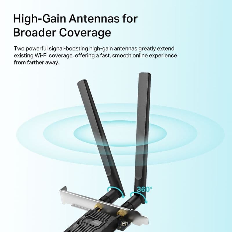 Deux antennes haute gain orientables à 360° sur carte PCIe, boost de portée Wi‑Fi 6 AX1800, design noir compact avec base métallique.