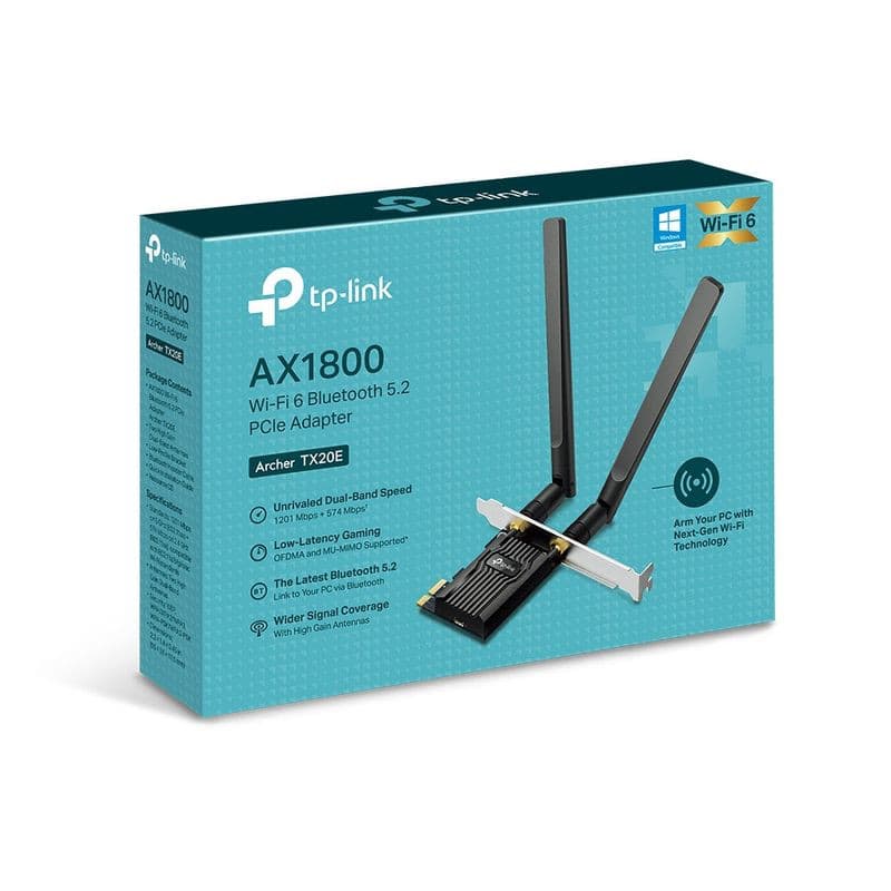 TP-Link Archer TX20E AX1800: carte PCIe Wi-Fi 6 avec deux antennes orientables, dissipateur noir, compatibilité Windows, Bluetooth 5.2, emballage bleu.