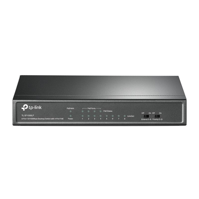 TP-Link TL-SF1008LP switch de escritorio negro con 8 puertos Fast Ethernet 10/100, 4 PoE, indicadores LED frontales y carcasa compacta metálica - Ítem