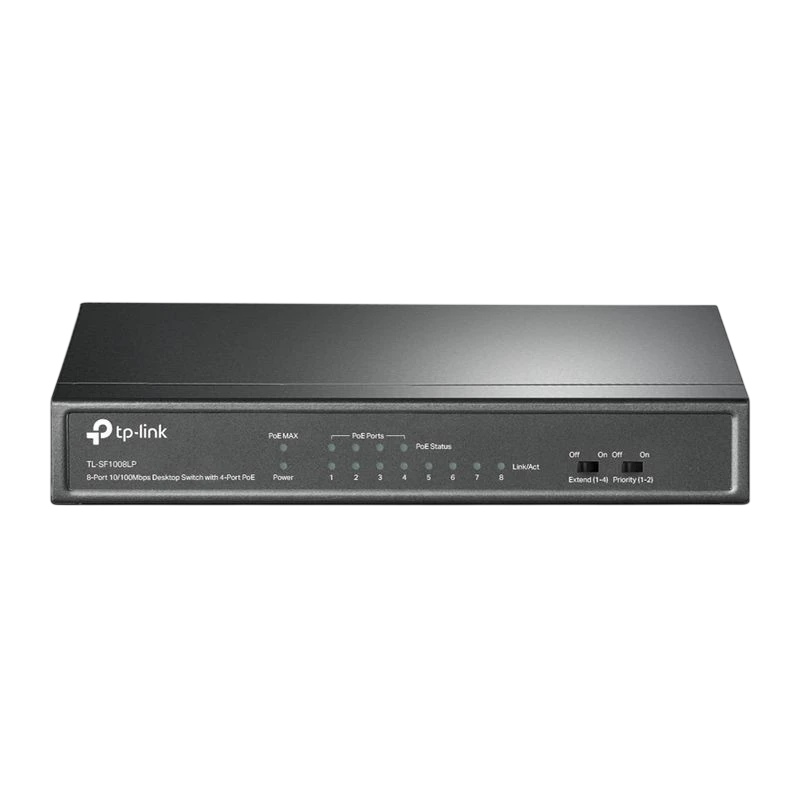 TP-Link TL-SF1008LP switch Fast Ethernet 8 portas com PoE. Caixa preta compacta, LEDs de status frontais, botões de energia e prioridades PoE. - Item