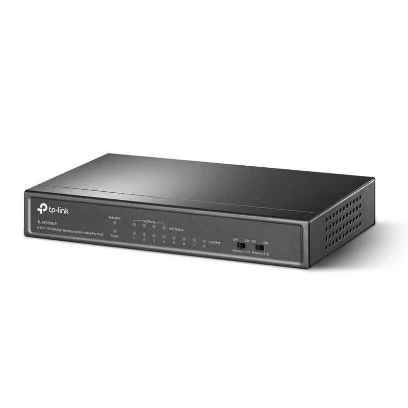TP-Link TL-SF1008LP switch de escritorio negro con 8 puertos Fast Ethernet 10/100, 4 PoE, indicadores LED frontales y carcasa compacta metálica - Ítem1