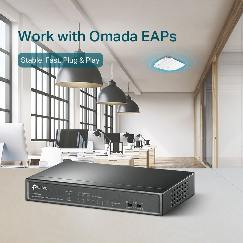 TP-Link TL-SF1008LP switch de escritorio negro con 8 puertos Fast Ethernet 10/100, 4 PoE, indicadores LED frontales y carcasa compacta metálica - Ítem2