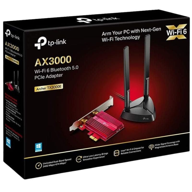 TP-Link Archer TX3000E Pcie Wifi6 - Adaptateur réseau avec carte PCIe rouge à dissipateur, deux antennes noires externes, compatible AX3000 et Bluetooth 5.0