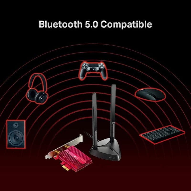 TP-Link Archer TX3000E Pcie Wifi6 - Adaptateur réseau avec deux antennes noires sur base magnétique, carte rouge en métal, compatible Bluetooth 5.0