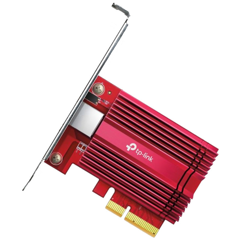 TP-Link TX401 10 Gigabit Adaptateur réseau PCIe rouge avec grand dissipateur à ailettes et équerre métal, connecteur RJ45 et interface PCI Express x4 - Ítem