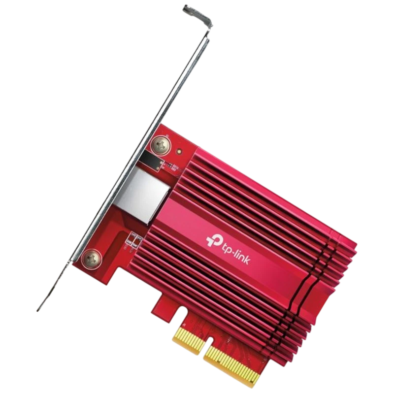 TP-Link TX401 10 Gigabit Adaptateur réseau PCIe rouge avec grand dissipateur à ailettes et équerre métal, connecteur RJ45 et interface PCI Express x4 - Ítem
