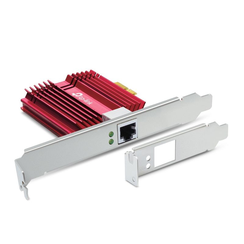 TP-Link TX401 10 Gigabit Adaptateur réseau PCIe rouge avec grand dissipateur à ailettes et équerre métal, connecteur RJ45 et interface PCI Express x4 - Ítem1