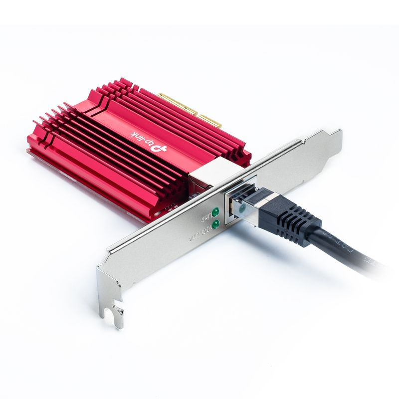 TP-Link TX401 10 Gigabit Adaptateur réseau PCIe rouge avec grand dissipateur à ailettes et équerre métal, connecteur RJ45 et interface PCI Express x4 - Ítem2