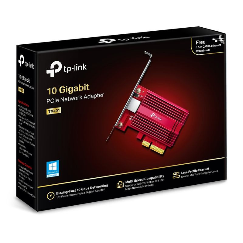 TP-Link TX401 10 Gigabit Adaptateur réseau PCIe rouge avec grand dissipateur à ailettes et équerre métal, connecteur RJ45 et interface PCI Express x4 - Ítem7
