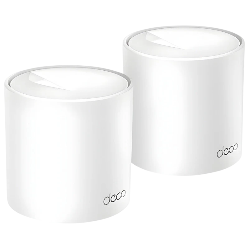 TP-Link Deco X10 Wi-Fi 6 Pacote de 2 Repetidor WiFi em branco, design cilíndrico minimalista com topo arredondado e logo deco discreto na base - Item