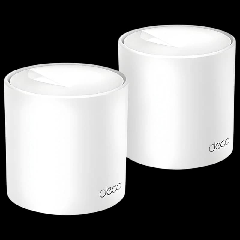 TP-Link Deco X10 Wi-Fi 6 Pack de 2 répéteurs blancs cylindriques compacts avec finition mate et logo déco discret, design minimaliste pour maison moderne