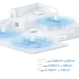 TP-Link Deco X10 Wi-Fi 6 Pack de 2, bornes blanches cylindriques couvrant une maison à plusieurs étages avec zones bleues indiquant la portée jusqu’à 360