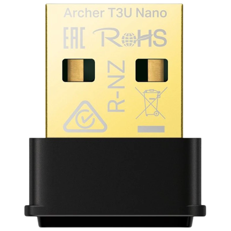 TP-Link Archer T3U Nano Adaptador USB con conector dorado compacto, cuerpo negro y certificaciones visibles; diseño mini ideal para puertos USB ajustados - Ítem
