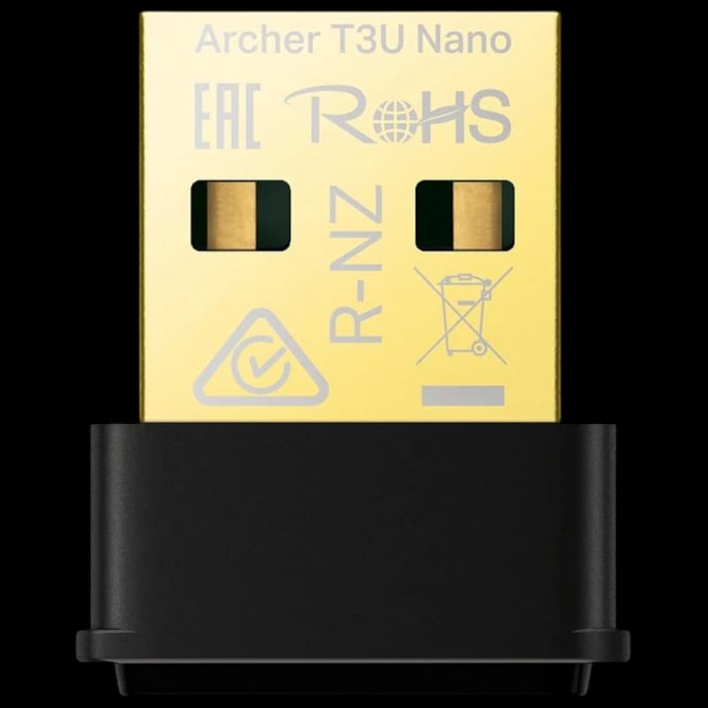 TP-Link Archer T3U Nano Adaptateur USB compact en or et noir corps noir prise USB dorée logos de conformité visibles format nano discret et portable