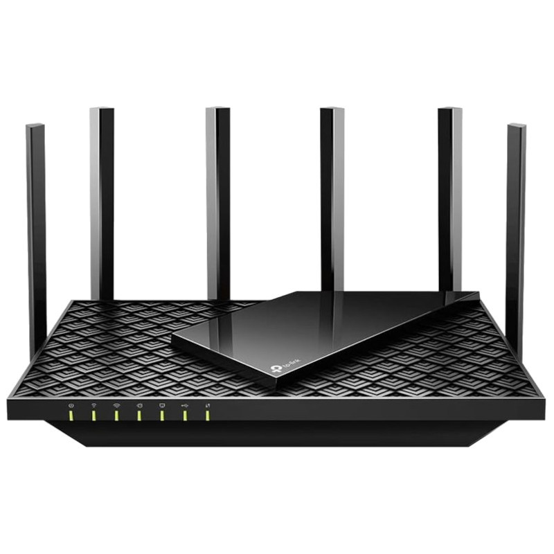 TP-Link Archer AX72 WiFi Dual Router noir, boîtier trapézoïdal à motif losanges, 6 antennes verticales, voyants LED frontaux, surface brillante avec logo - Ítem