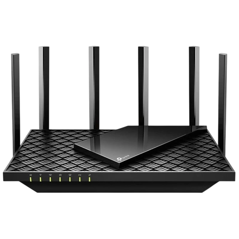 TP-Link Archer AX72 WiFi Dual Router con seis antenas altas, diseño negro con patrón en relieve, indicadores LED frontales y superficie superior brillante - Ítem