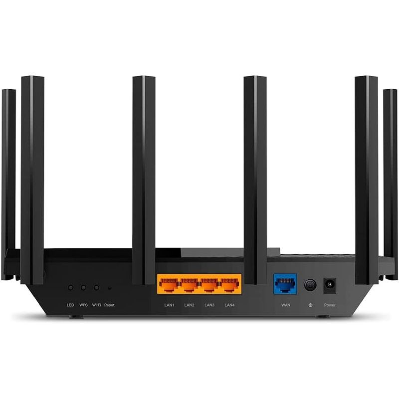 TP-Link Archer AX72 WiFi Dual Router noir, boîtier trapézoïdal à motif losanges, 6 antennes verticales, voyants LED frontaux, surface brillante avec logo - Ítem1