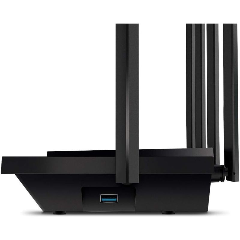 TP-Link Archer AX72 WiFi Dual Router noir, boîtier trapézoïdal à motif losanges, 6 antennes verticales, voyants LED frontaux, surface brillante avec logo - Ítem2