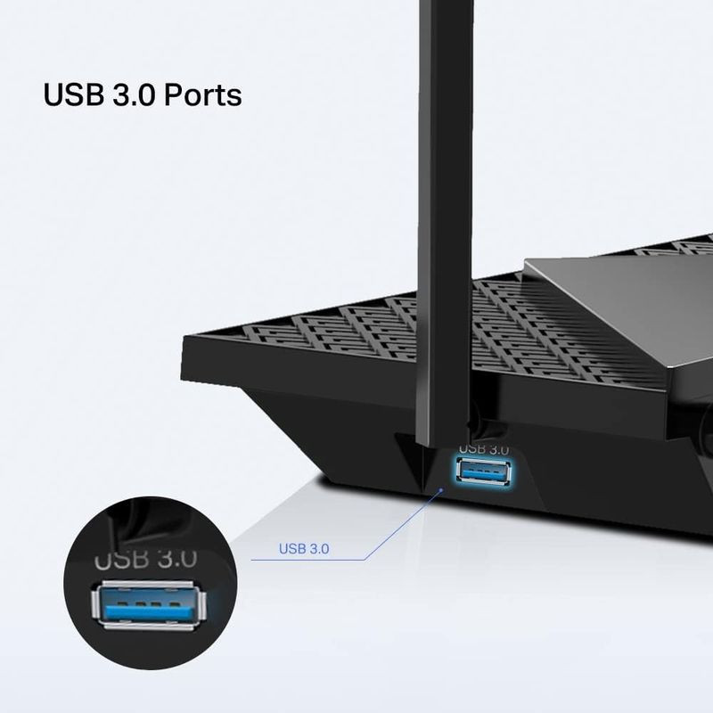 TP-Link Archer AX72 WiFi Dual Router noir, boîtier trapézoïdal à motif losanges, 6 antennes verticales, voyants LED frontaux, surface brillante avec logo - Ítem3