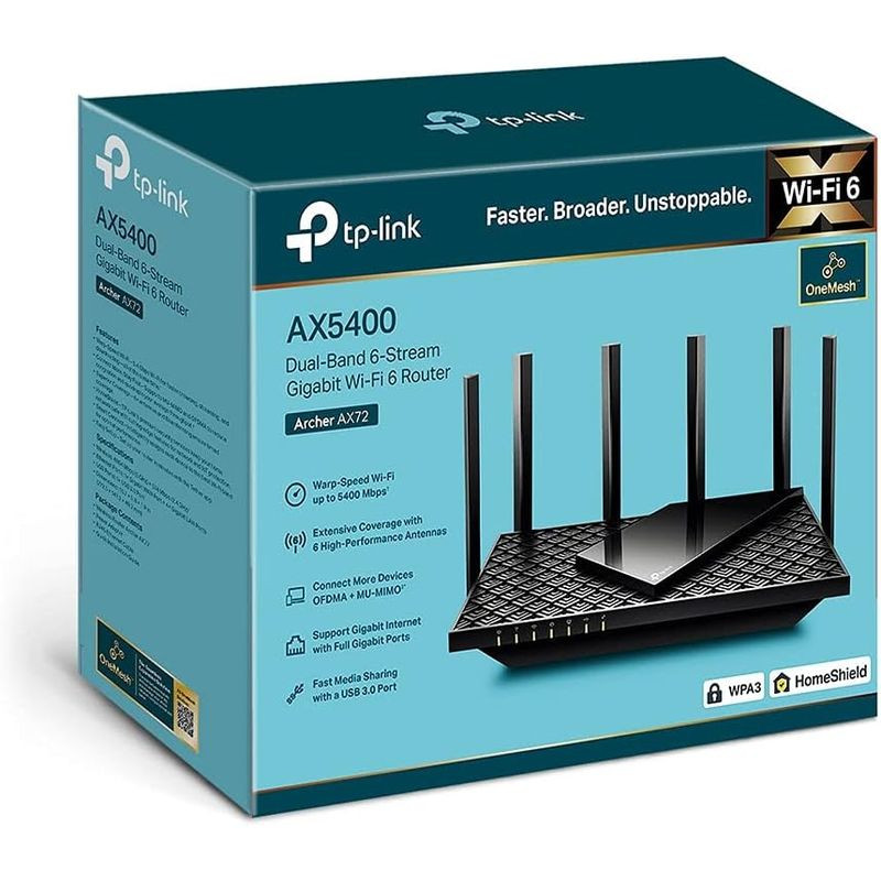 TP-Link Archer AX72 WiFi Dual Router noir, boîtier trapézoïdal à motif losanges, 6 antennes verticales, voyants LED frontaux, surface brillante avec logo - Ítem5