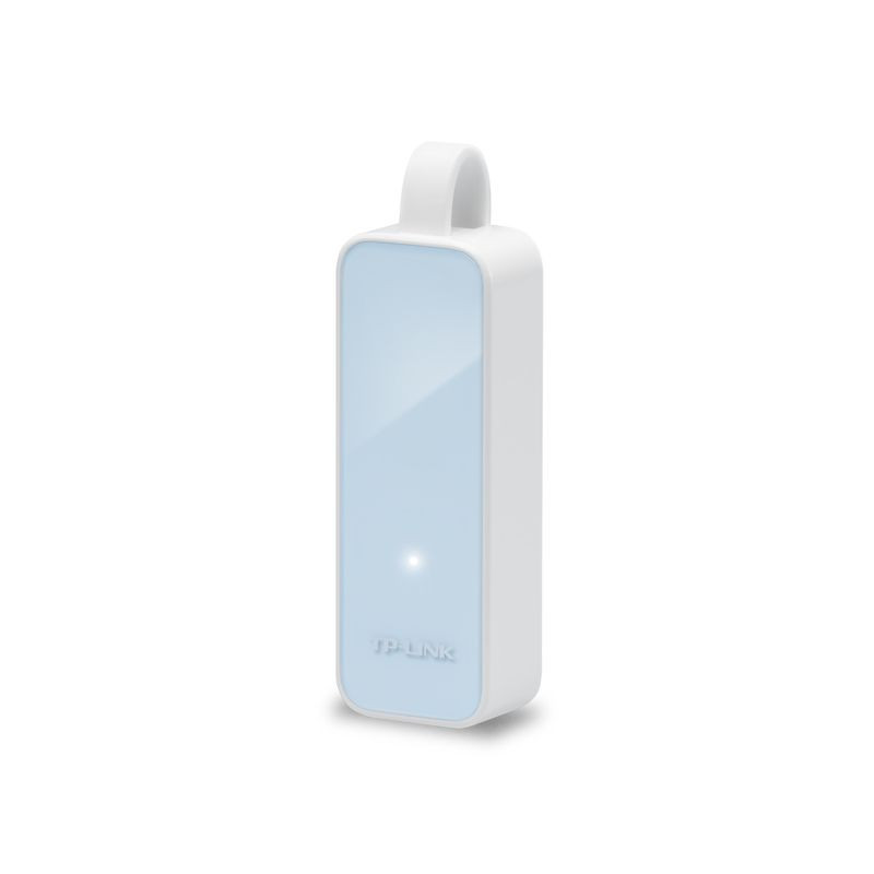 TP-Link UE200 adaptateur USB 2.0 vers Ethernet, boîtier compact blanc et bleu, câble court USB, port RJ45, design minimaliste et portable - Ítem1