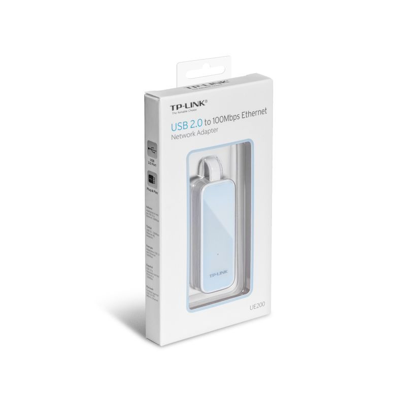 TP-Link UE200 adaptateur USB 2.0 vers Ethernet, boîtier compact blanc et bleu, câble court USB, port RJ45, design minimaliste et portable - Ítem4