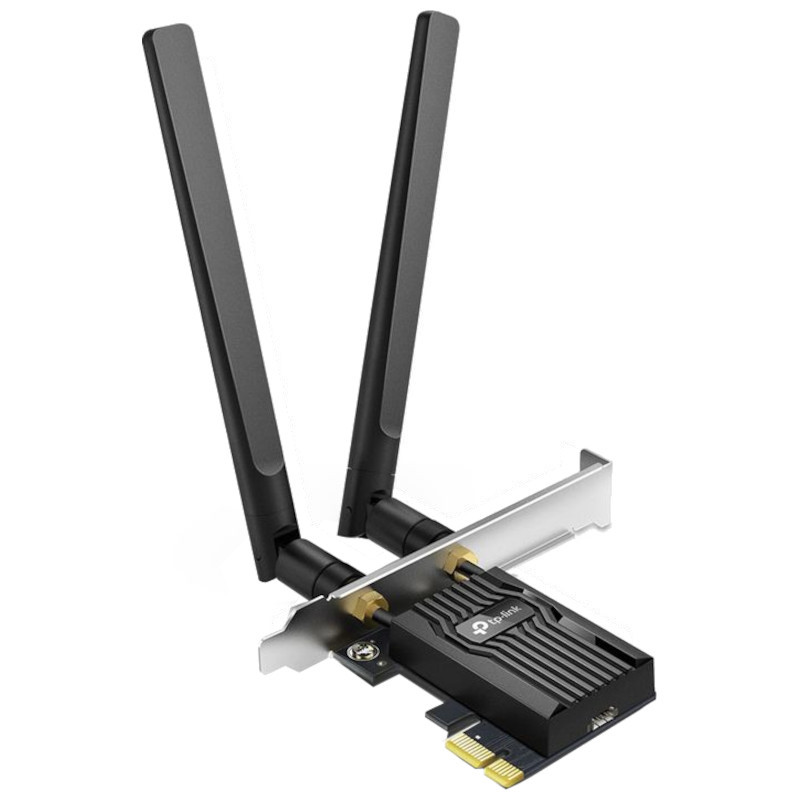 TP-Link Archer TX55E AX3000 adaptador PCIe con dos antenas externas negras, disipador de calor estriado y soporte metálico; Wi‑Fi 6 y Bluetooth 5.2 - Ítem