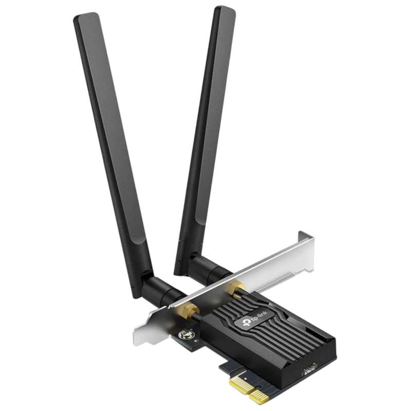 TP-Link Archer TX55E Wi-Fi 6 Bluetooth 5.2 AX3000 Adaptateur PCIe avec deux antennes externes noires, dissipateur noir nervuré, équerre métallique argentée - Ítem