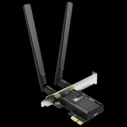 Placa PCIe com duas antenas destacáveis, dissipador preto com logo TP-Link, conector PCIe dourado. Indica Wi-Fi 6 e Bluetooth 5.2 AX3000. Ideal para PC.