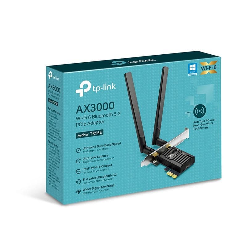 TP-Link Archer TX55E AX3000 adaptador PCIe com duas antenas destacáveis, Wi-Fi 6 e Bluetooth 5.2; caixa azul destaca baixa latência e cobertura ampla