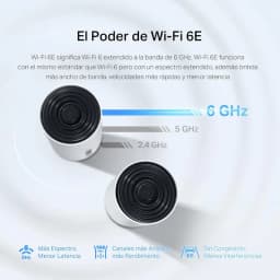 TP-Link Deco XE75 Tribanda AXE5400 3 Pack con dos nodos cilíndricos blancos, tapas negras con anillos concéntricos y LEDs frontales; bandas 2.4, 5 y 6 GHz