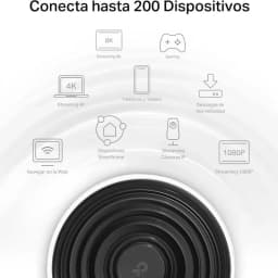 Infografía del TP-Link Deco XE75: iconos muestran soporte 8K, 4K, 1080p, gaming, teléfonos y tablets, smarthome, cámaras IP y descargas rápidas