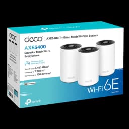 Caja del TP-Link Deco XE75 Tribanda AXE5400 3 Pack con tres nodos cilíndricos blancos y tapas negras, destaca WiFi 6E, hasta 5400 Mbps y cobertura amplia