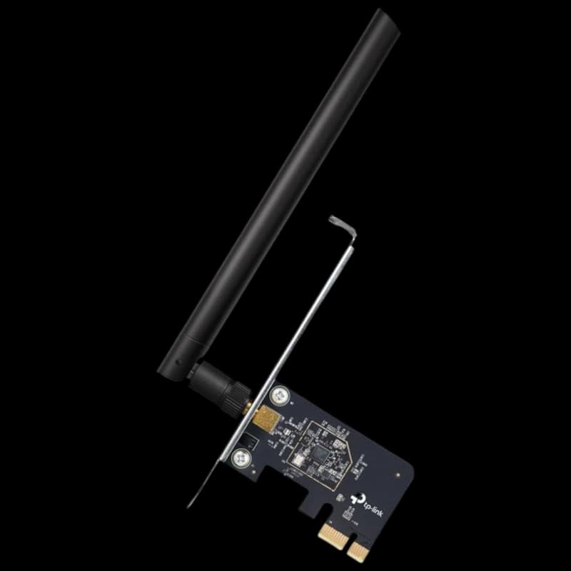 TP-Link Archer T2E Adaptateur PCIe AC600 avec antenne rotative noire, carte compacte à équerre métallique, connecteur PCIe x1 exposé, design minimaliste