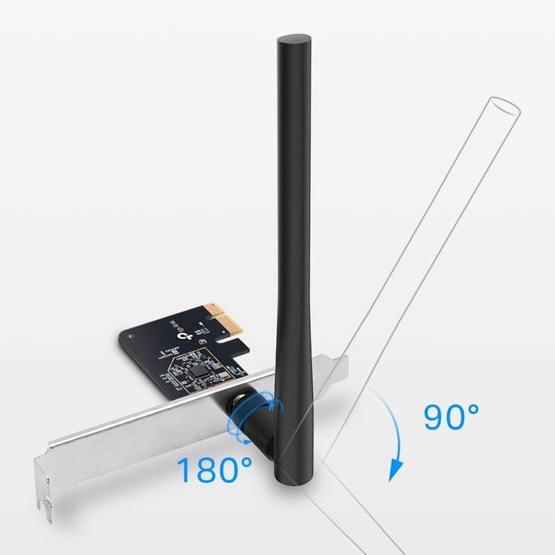 TP-Link Archer T2E Adaptateur PCIe AC600 avec antenne noire orientable 90° et pivot 180°, équerre métallique low profile, carte compacte noire