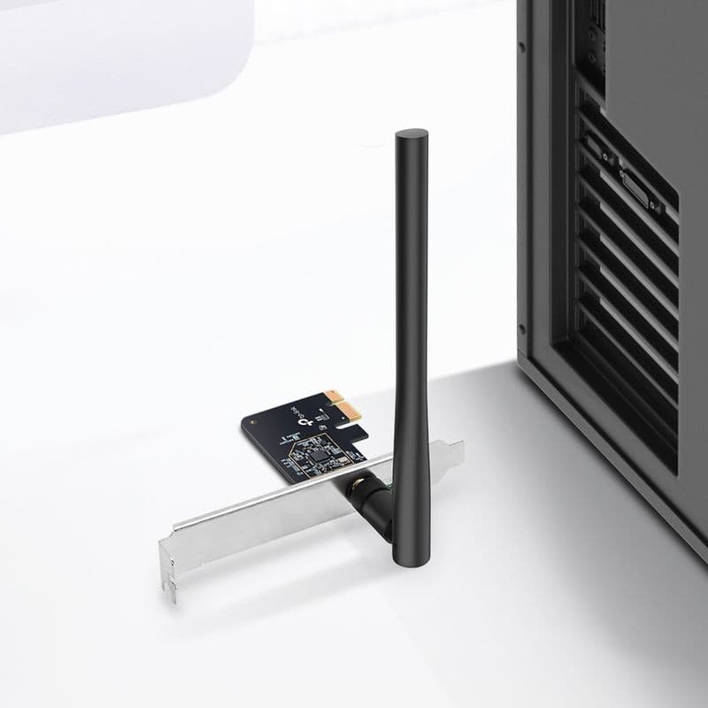 TP-Link Archer T2E Adaptateur PCIe AC600 avec antenne externe noire orientable, équerre métal argentée et carte compacte, idéal pour Wi‑Fi sur PC de