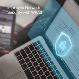 TP-Link Archer T2E Adaptateur PCIe AC600 mettant en avant la sécurité réseau WPA3, icône bouclier sur écran d’ordinateur portable, focus connectivité