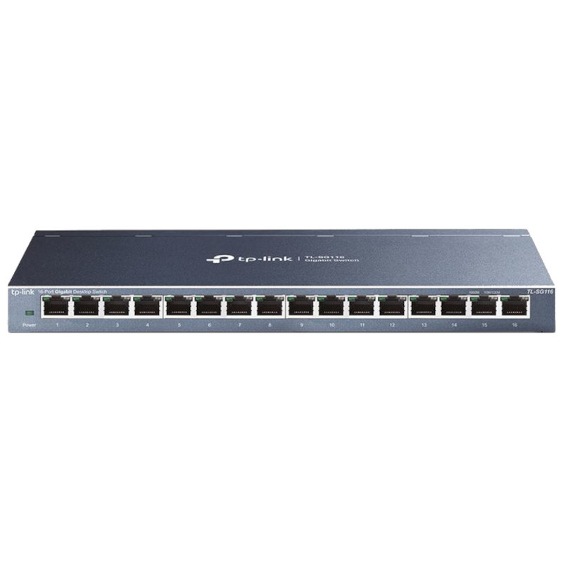 TP-Link TL-SG116 switch não gerenciável com 16 portas Gigabit frontais, LEDs de status, gabinete metálico compacto em cinza e design para mesa ou rack - Item