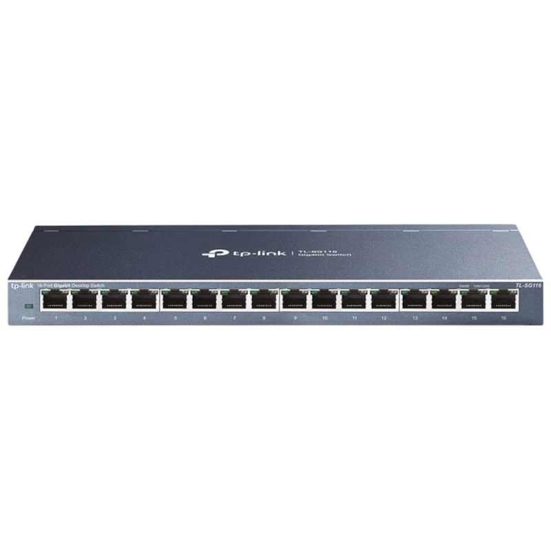 TP-Link TL-SG116 switch não gerenciável com 16 portas Gigabit frontais, LEDs de status, gabinete metálico compacto em cinza e design para mesa ou rack - Item