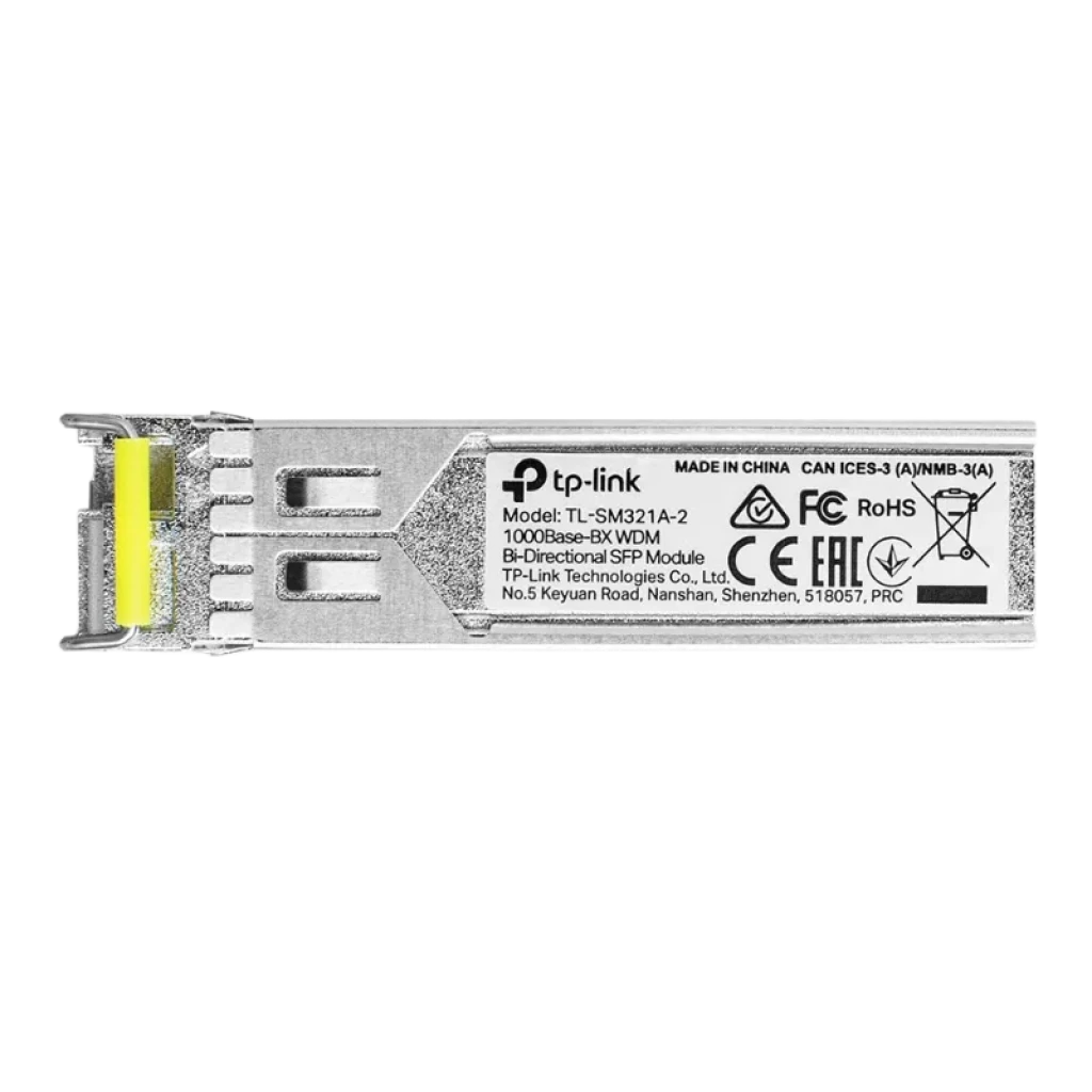 Módulo SFP plateado compacto con conector LC, marca TP-Link visible, logotipos CE y RoHS, carcasa metálica pulida y pestaña de liberación frontal - Ítem1