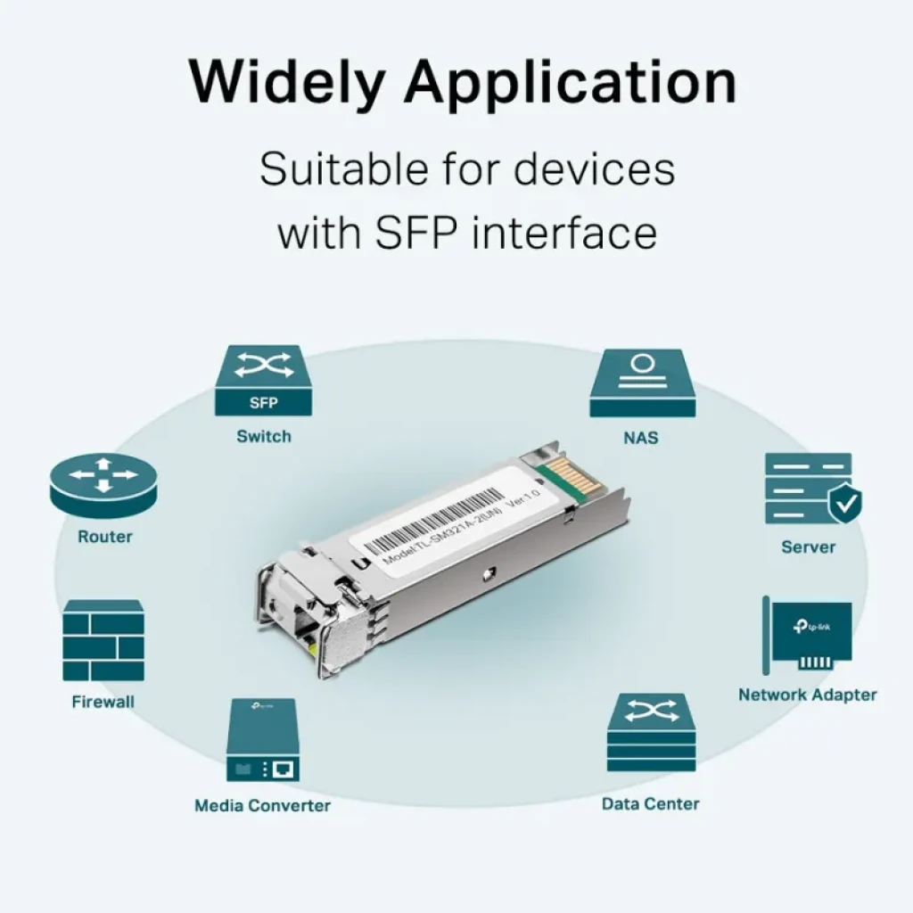 Módulo SFP plateado compacto con conector LC, marca TP-Link visible, logotipos CE y RoHS, carcasa metálica pulida y pestaña de liberación frontal - Ítem2