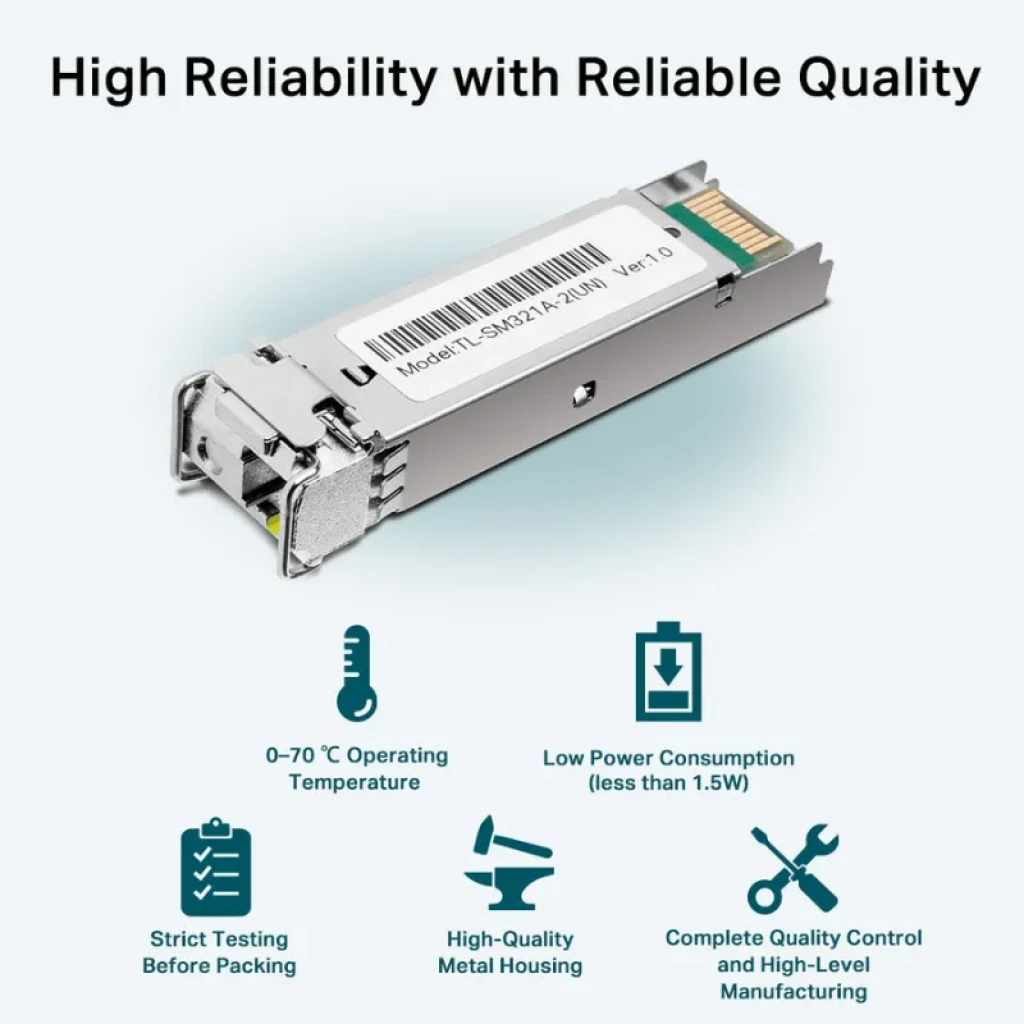 Módulo SFP plateado compacto con conector LC, marca TP-Link visible, logotipos CE y RoHS, carcasa metálica pulida y pestaña de liberación frontal - Ítem4