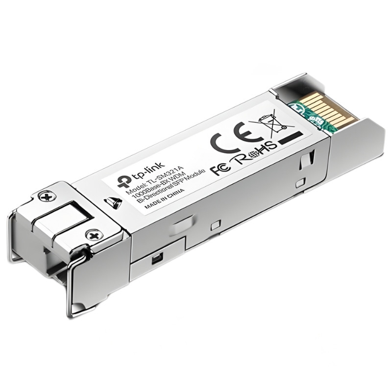 Módulo SFP TP-Link TL-SM321A prateado, conector LC WDM, etiqueta com certificações CE e RoHS, corpo metálico compacto para redes 100Base-BX - Item